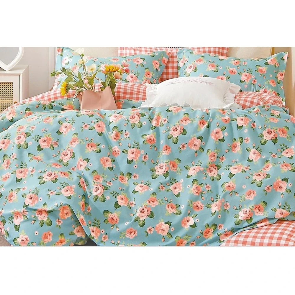Tiffany Pink/White Checks 100% Cotton reversible Sheet‎ Set with Pillowcase King